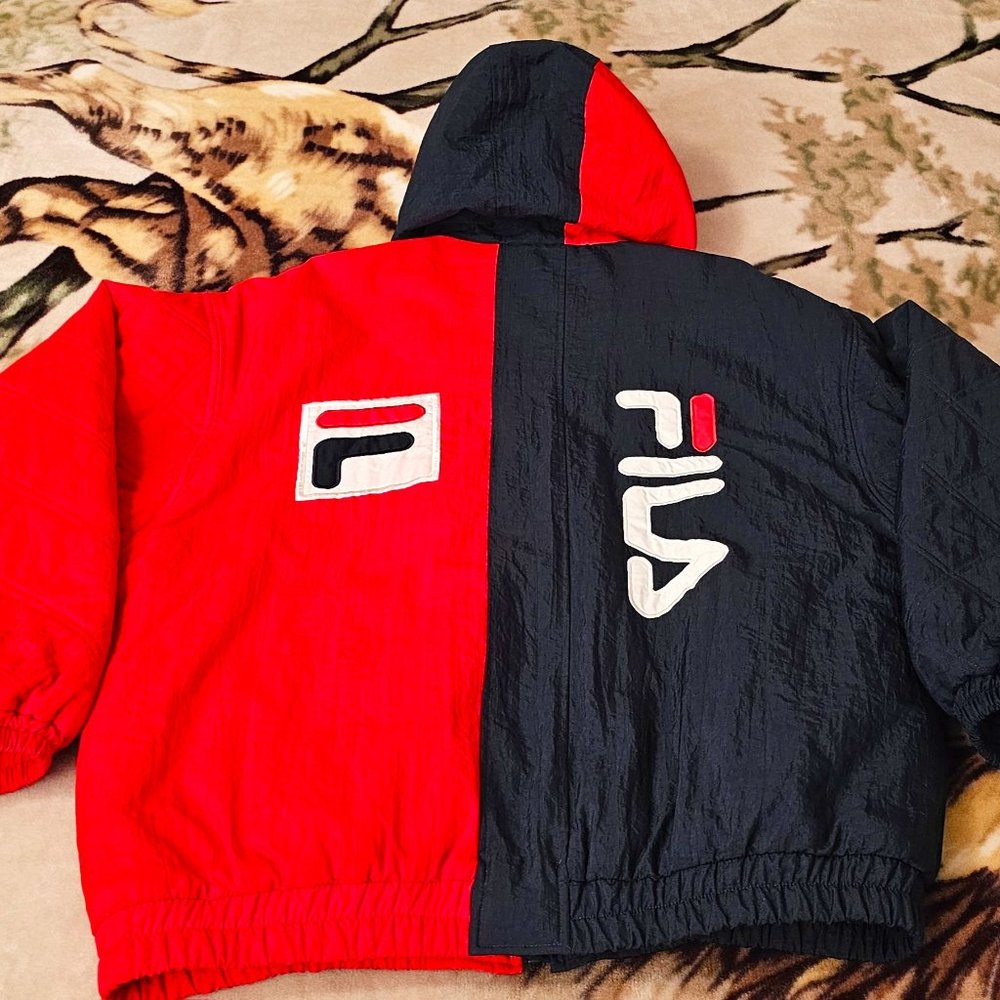 Fila Puffer Coat Spell Out Jacket Red Blue Colorblock Men's XL 90's Vintage Rare